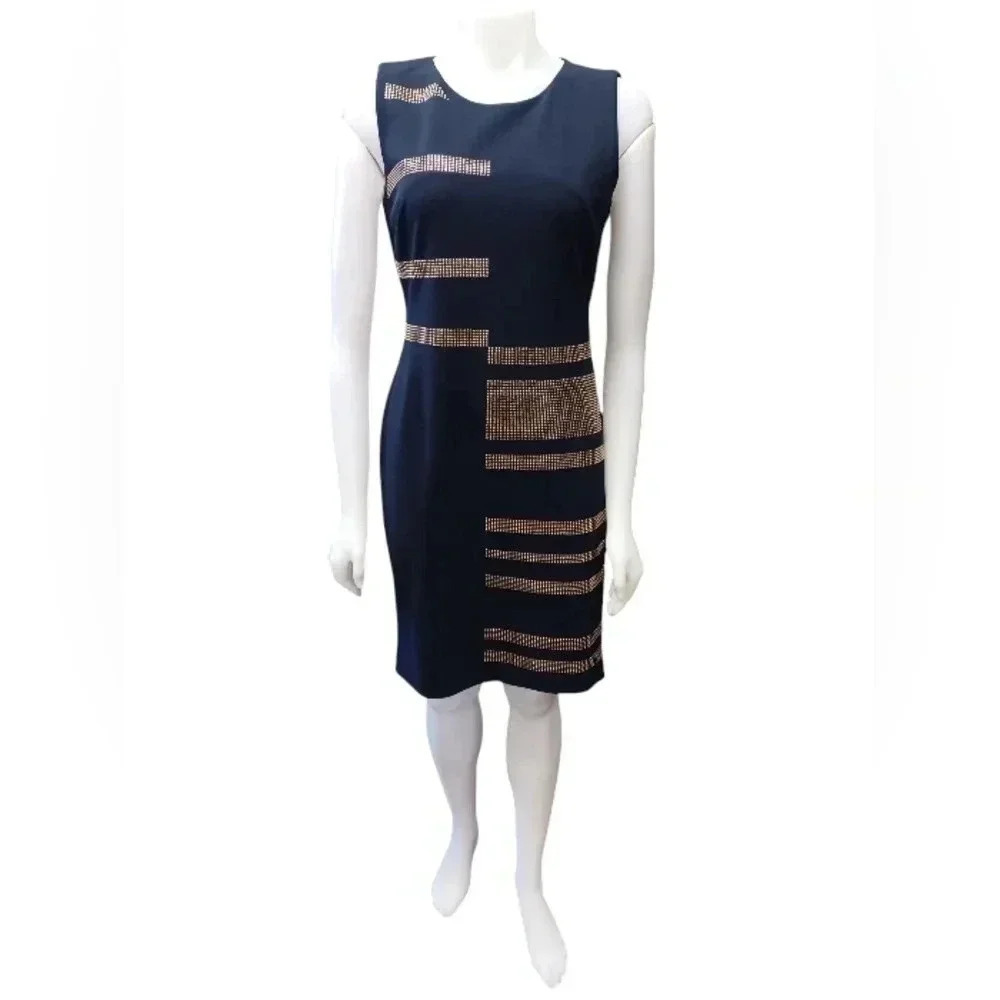 Tommy  Hilfiger Midi Black Gold Tone Embellished Sleeveless Black Dress Size 6
